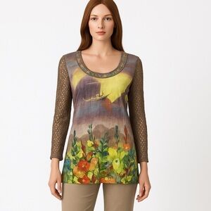 Elena Wang Boho Blouse XL Multicolor Floral Art Print Crochet Lace Sleeve Blouse